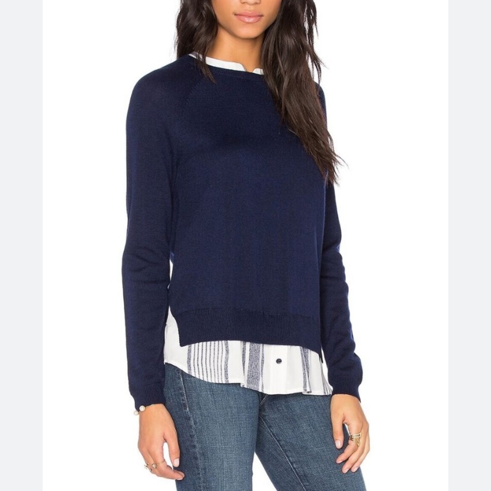 Joie Wool Cashmere Silk Blend Shirt tail Hem Sweater Navy Solid/Stripe size XS